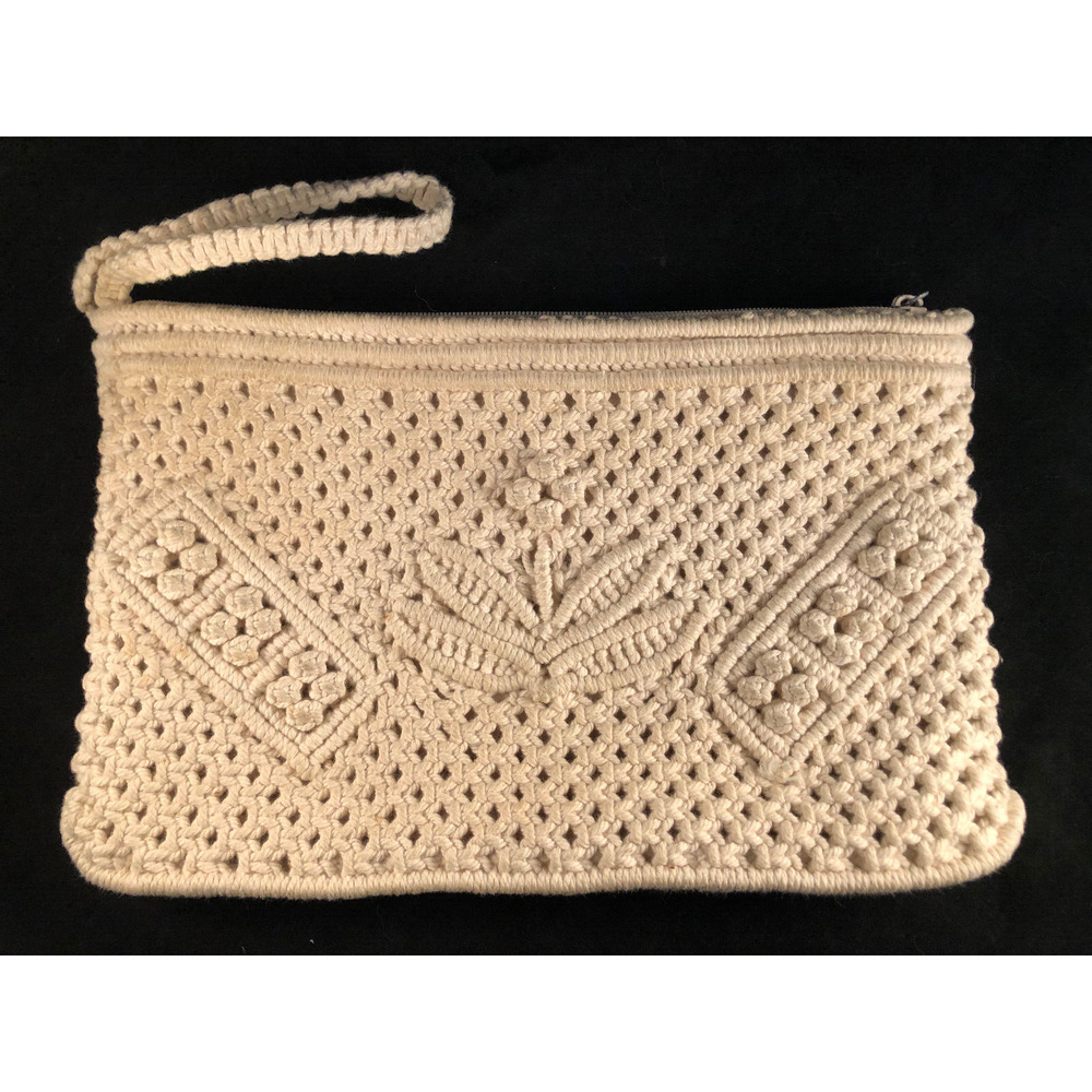Vintage, 1970's, Boho Macrame Handbag/ Clutch, w/ Wristlet Strap, Flower, Ivory